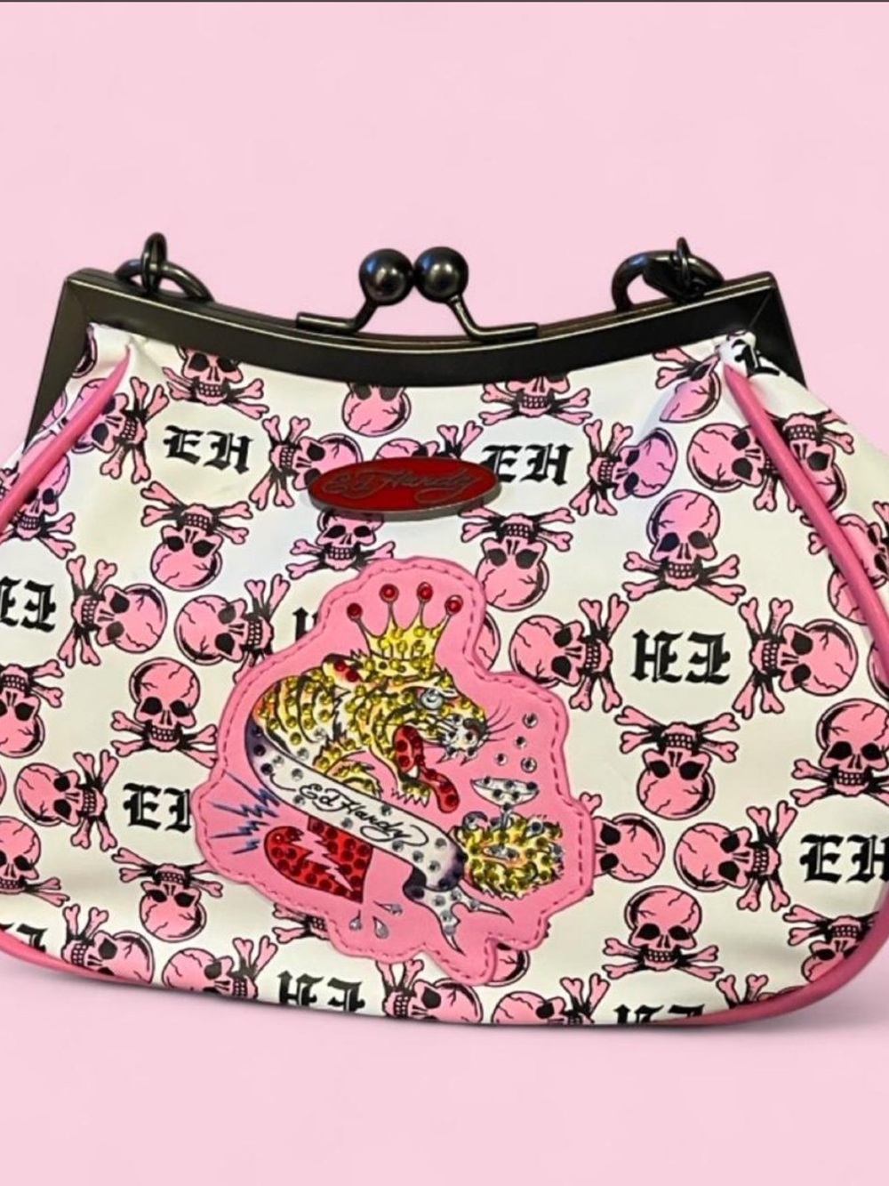 Ed Hardy Pink Skull Print Clutch with Embellished Crest Patch